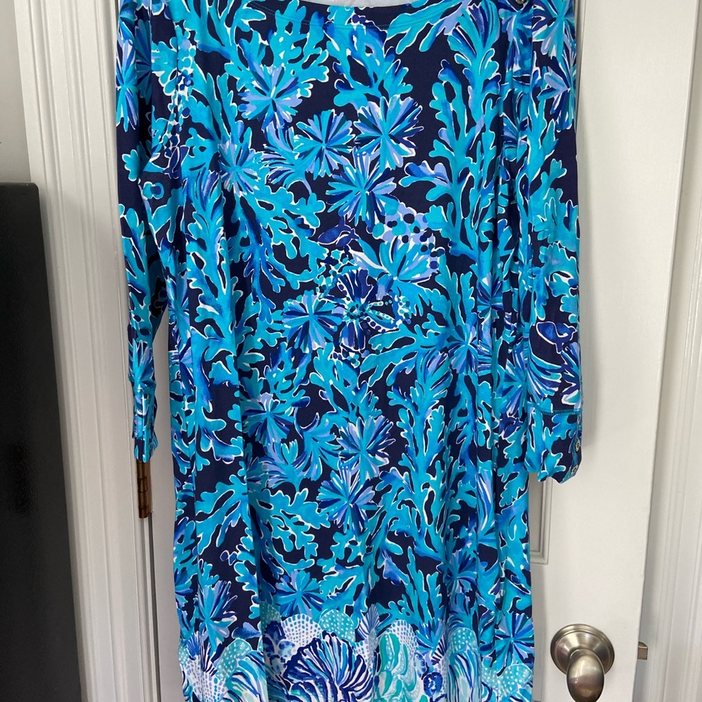 Lilly Pulitzer Navy Blue & Aqua Floral Sheath Dress Large
